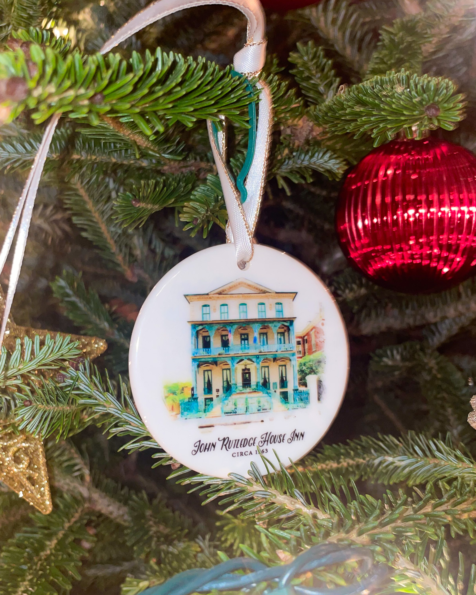 Ornament on Christmas tree holiday package